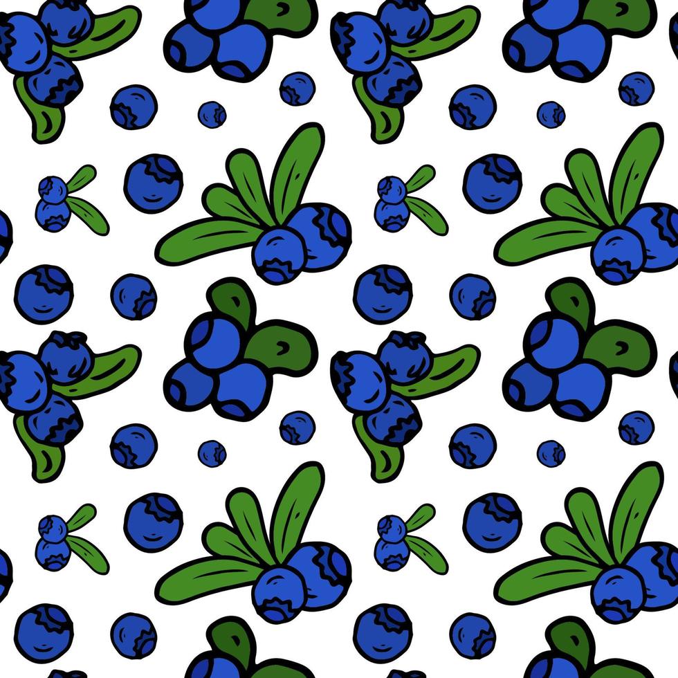 Blueberry seamless pattern. Doodle colorful vector for fashion, print, textile, cover. Blue, green.