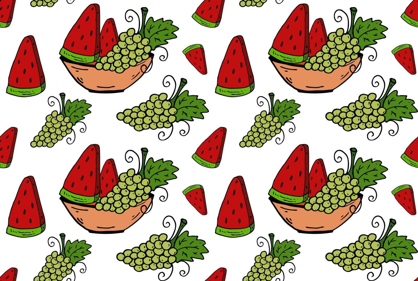 Grape and watermelon on the plate seamless pattern. Doodle colorful Vector image endless.