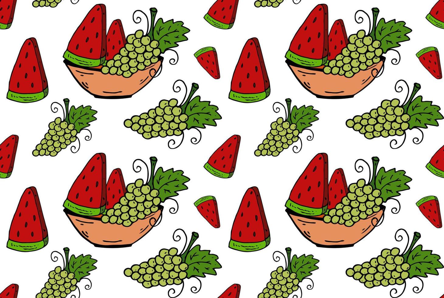 Grape and watermelon on the plate seamless pattern. Doodle colorful Vector image endless.