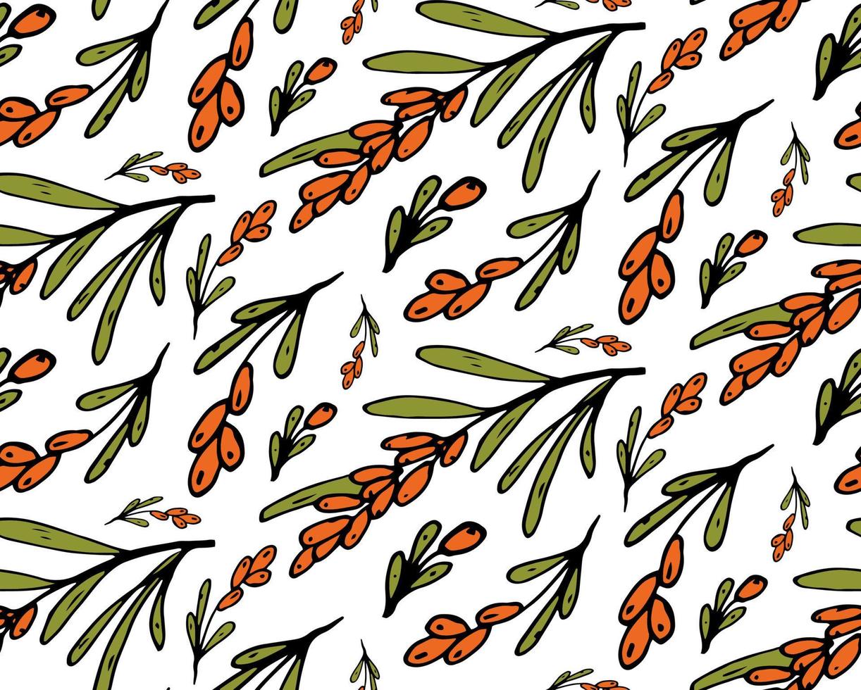 Sea buckthorn seamless pattern. Doodle colorful vector for fashion, print, textile, cover.