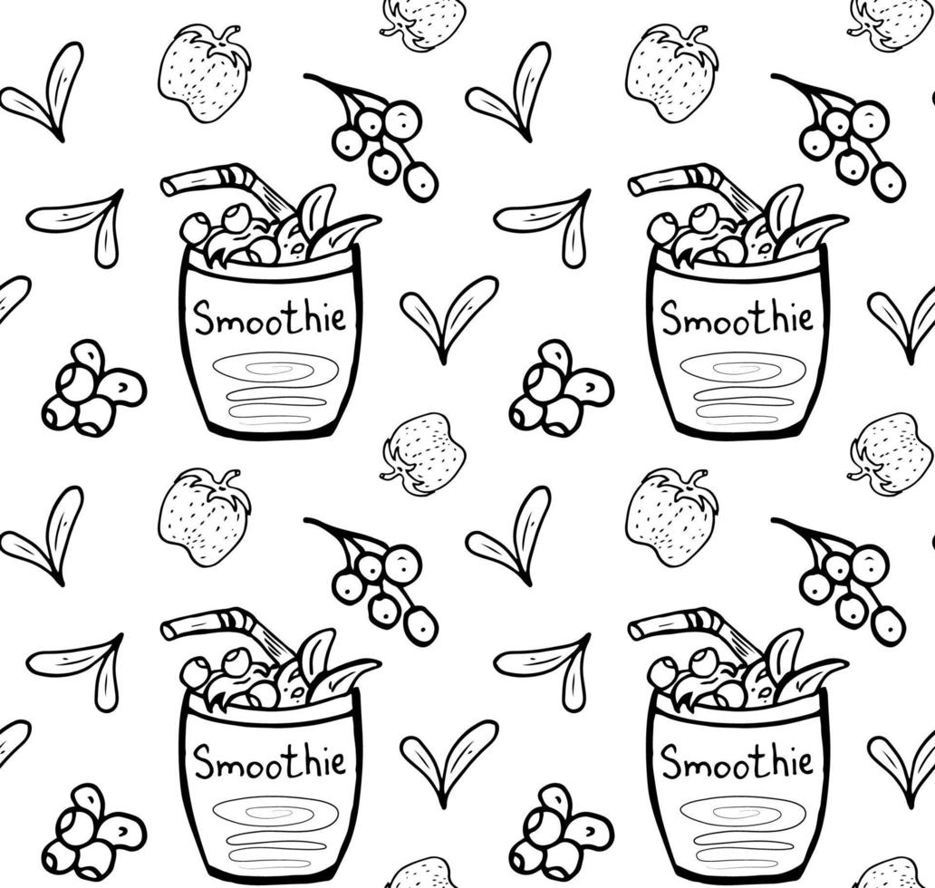 Smoothies with berries seamless pattern. Blueberry, strawberry, currant Black and white vector image