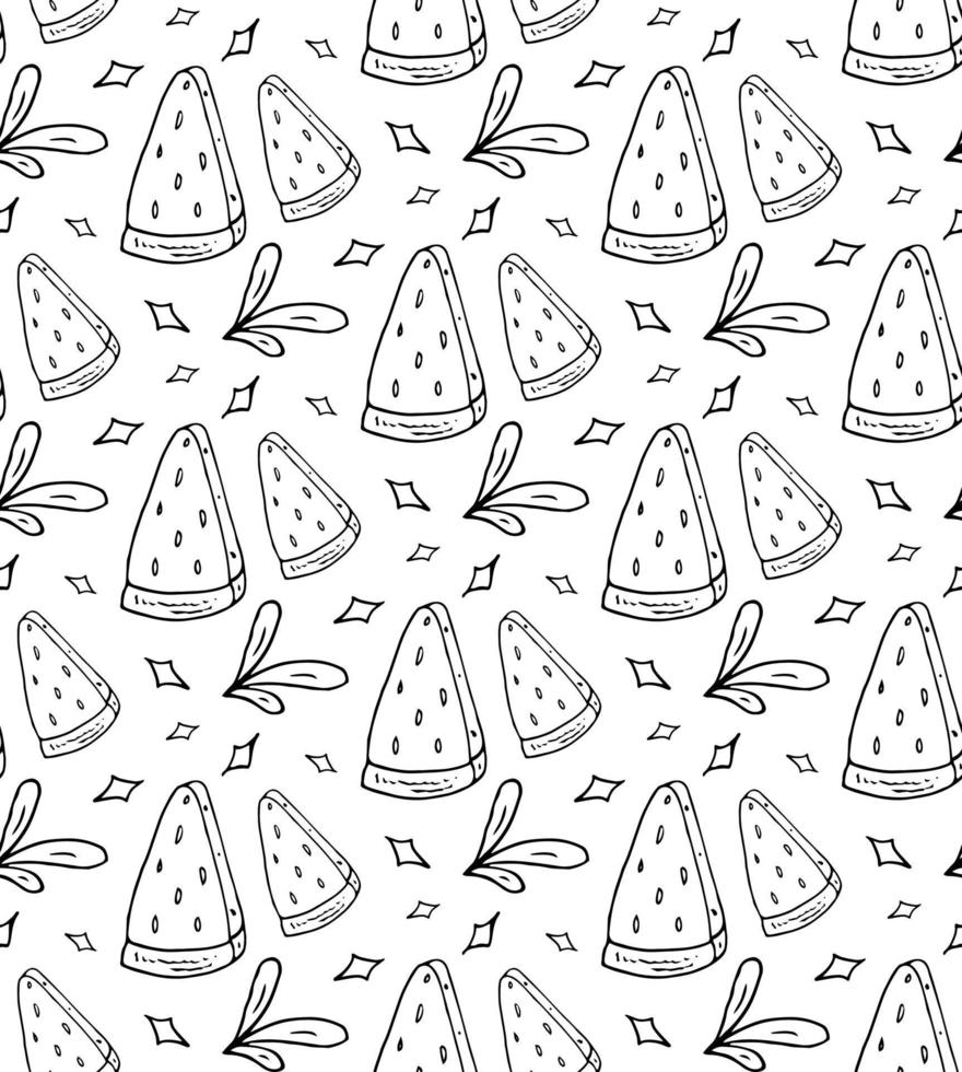 Watermelon and leaves Doodle seamless pattern. Vector black and white outline endless image.