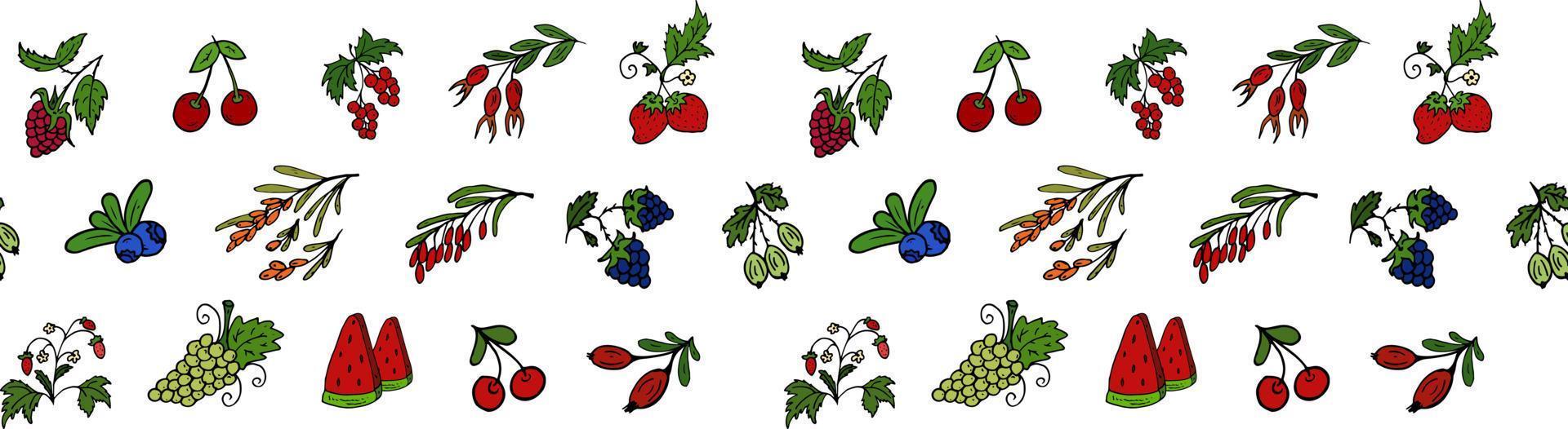 vector sin costura modelo bayas. bérbero, fresas, frambuesas, cerezas, arándanos, uvas.