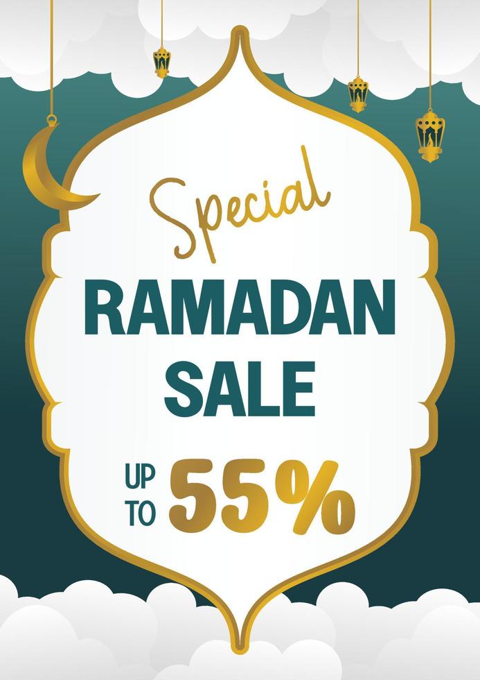 Editable Ramadan sale poster template. with paper cut ornaments, moon and lanterns. Design for social media and web. Vector illustration