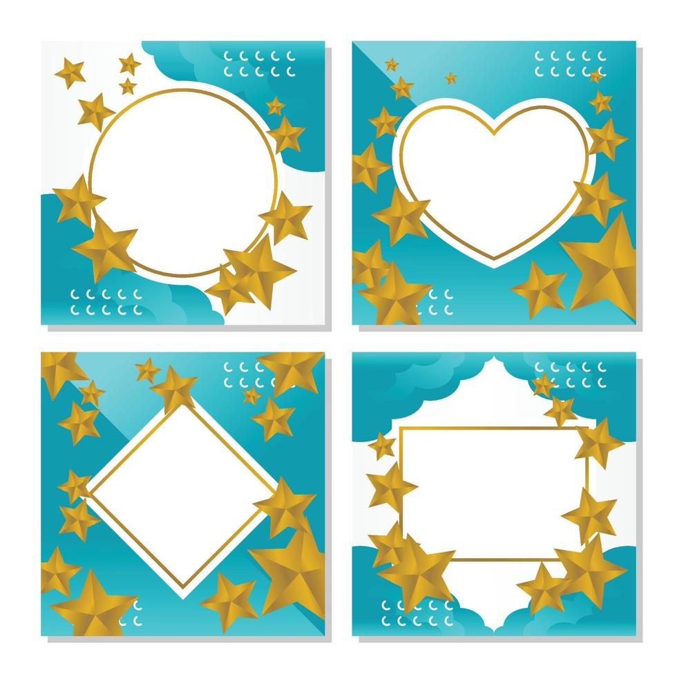 holiday concept poster template, with golden star ornament. White frame on a geometric background. Design for greeting cards, social media and web. Elegant vector illustration