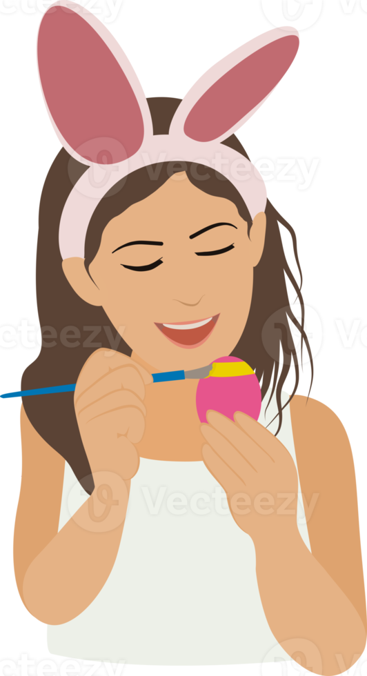 A girl with bunny ears is painting a colored egg for Easter activity png