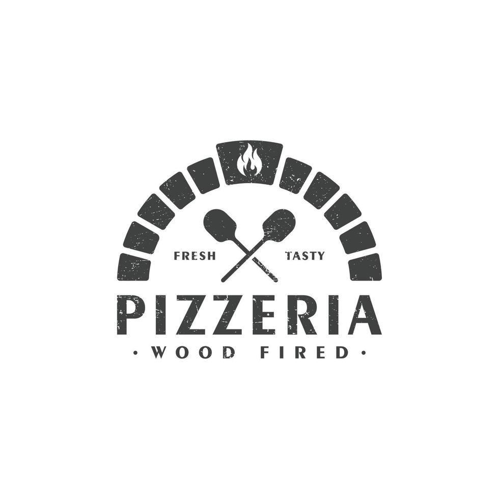 madera despedido ladrillo horno con cruzado pala Clásico estilo, Pizza logo diseño vector. vector