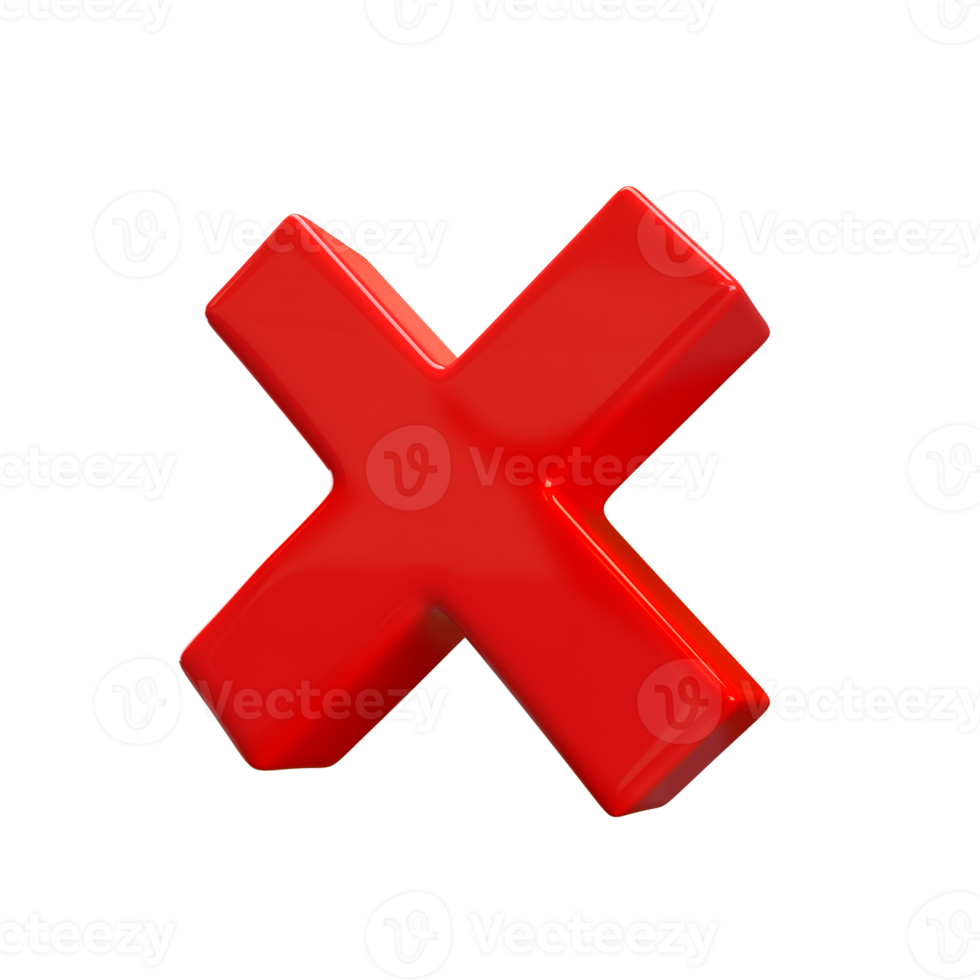 Red rejection icon render. 3D rejected sign. Check mark. Cross sign - can be used as symbols of wrong, close, deny etc. Created For Mobile, Web, Decor, Application. Illustration with clipping path png