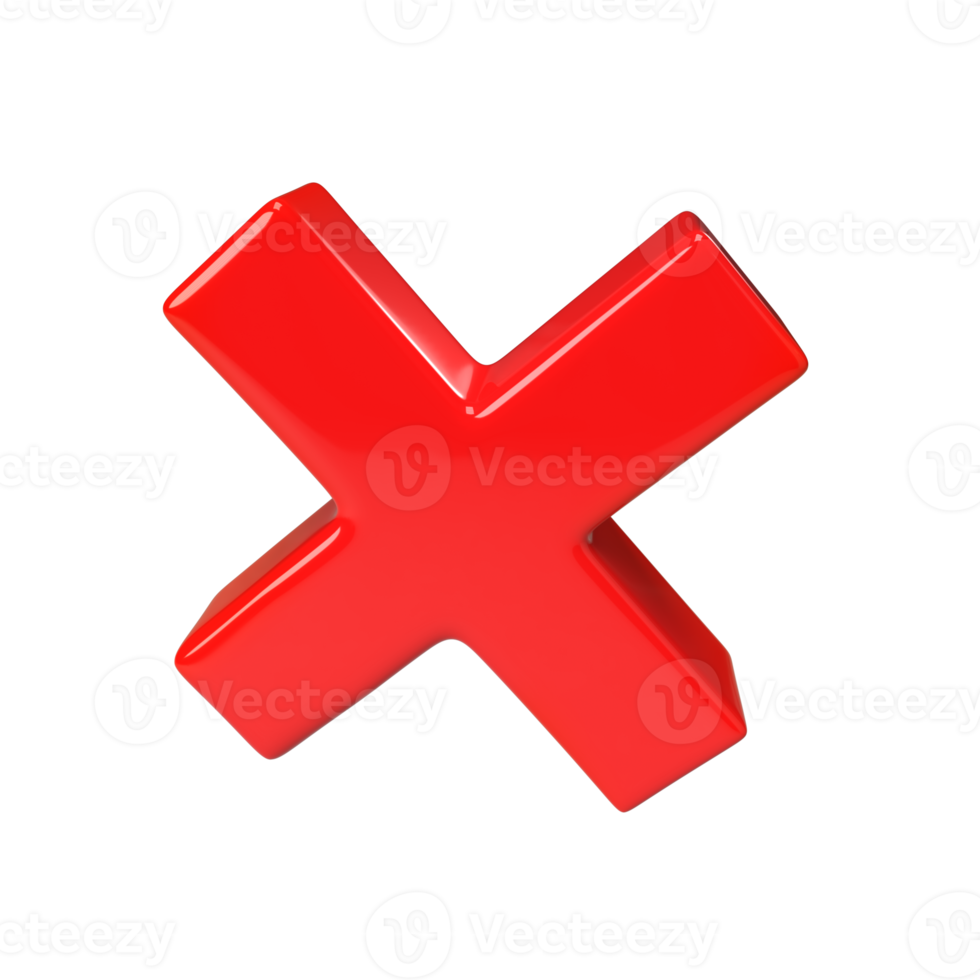 Rejection red icon render. 3D rejected sign. Check mark. Cross sign - can be used as symbols of wrong, close, deny etc. Created For Mobile, Web, Decor, Application. Illustration with clipping path png
