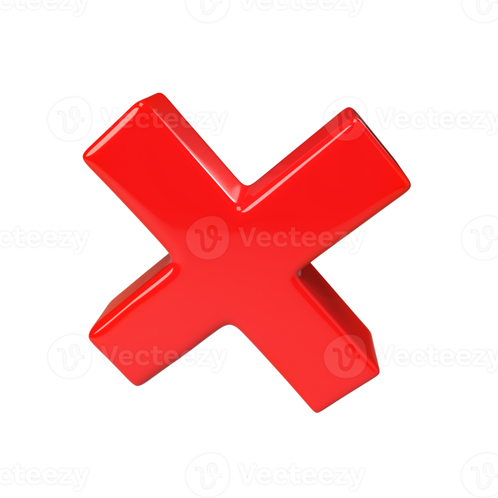 Rejection red icon render. 3D rejected sign. Check mark. Cross sign - can be used as symbols of wrong, close, deny etc. Created For Mobile, Web, Decor, Application. Illustration with clipping path png