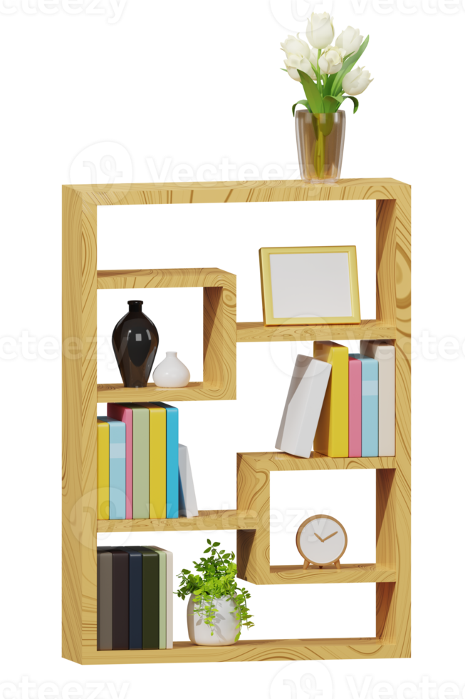 3D wooden bookshelf png