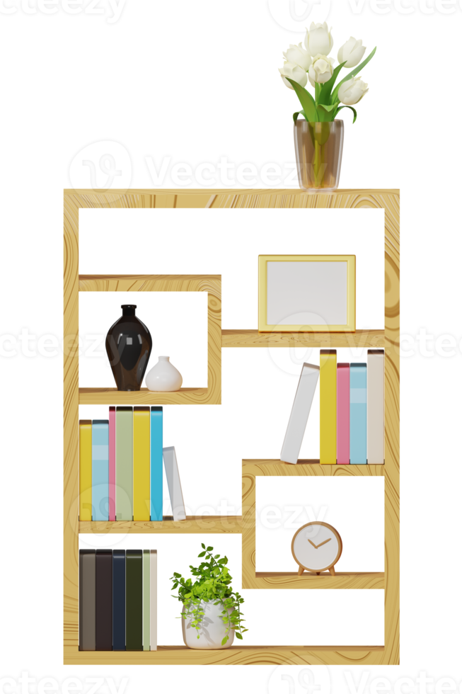 3D wooden bookshelf png