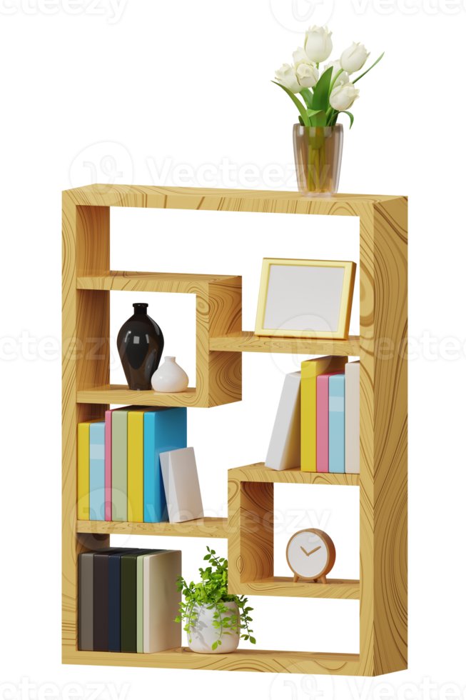 3D wooden bookshelf png