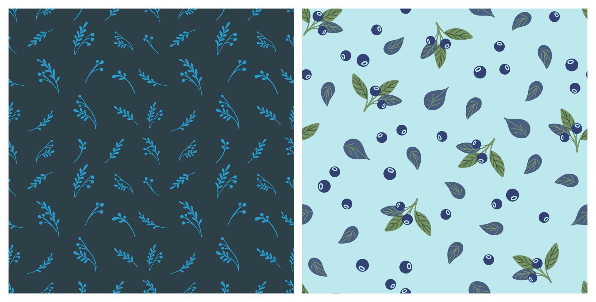 Set of vector seamless patterns with herbs, berries, leaves and flowers. Botanical backgrounds. Hand drawn illustrations for paper, fabric, scrapbooking, web design.