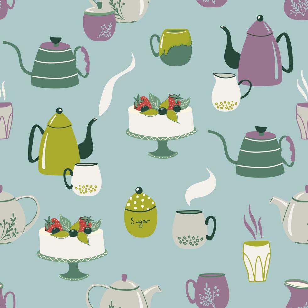 Retro colors ceramic's seamless pattern. Cute repeating background with tableware and cake. Crockery and sweet treat.  Hand drawn vector illustration for wallpaper, textile, wrapping paper.