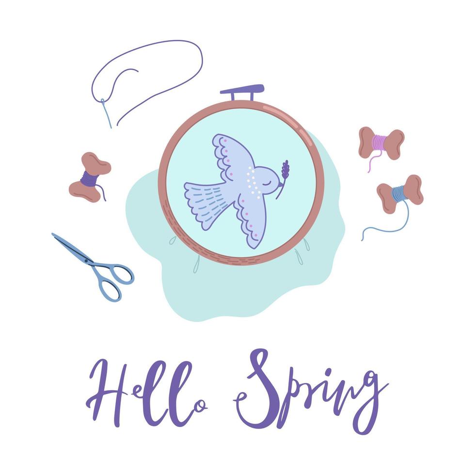 Beautiful embroidery with dove of peace on canvas in hoop. Creative hobby's stuffs. Hello Spring lettering. Vector illustration of DIY needlecraft.