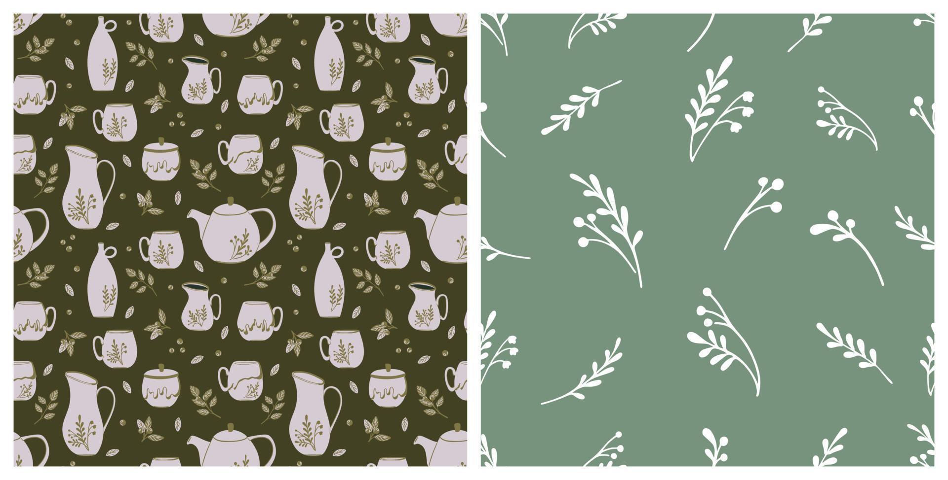 Pattern set with ceramic kitchenware and plants. Hand drawn tableware with decoration around isolated. Vector illustrations for pottery workshops, ceramic studio, home decor concept.