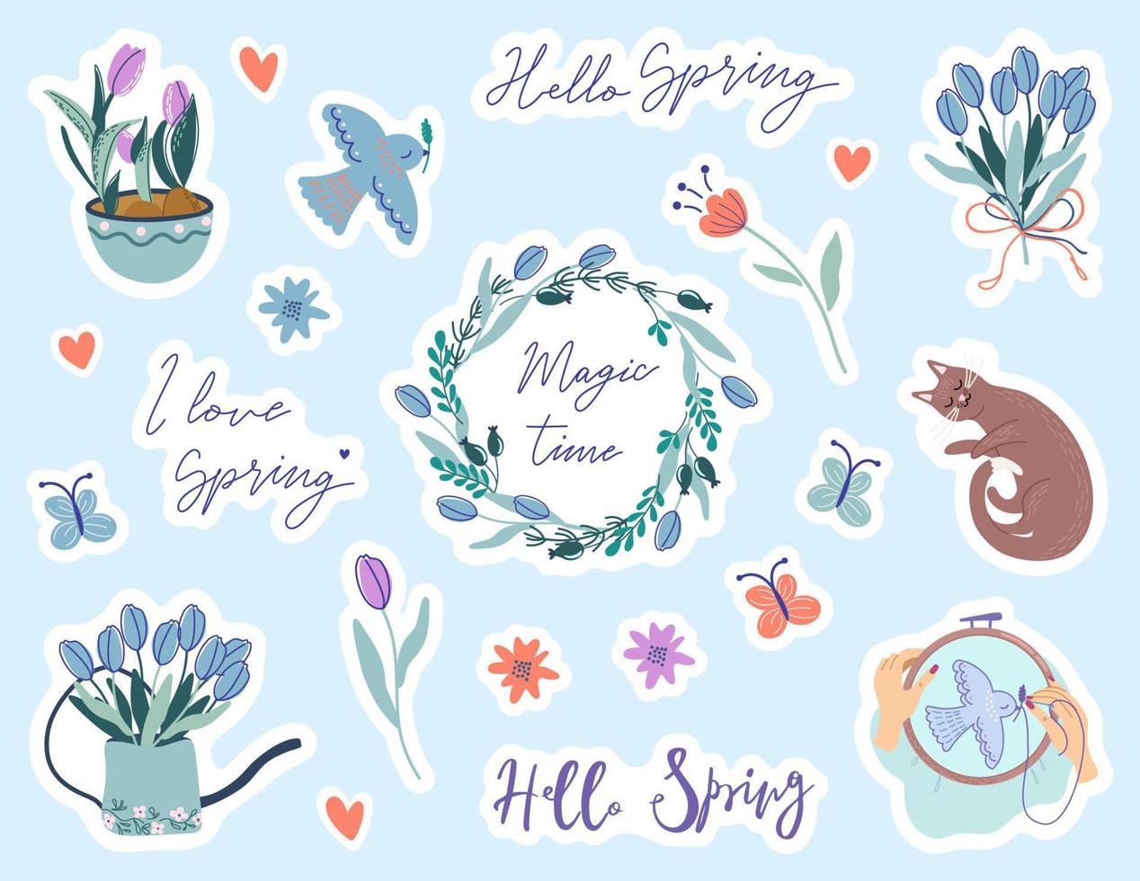 Hello Spring. Cute set of Springtime stickers. Vector doodle illustrations with text and graphic design elements. Perfect for planning, t-shirt prints, greeting cards, scrapbooking.