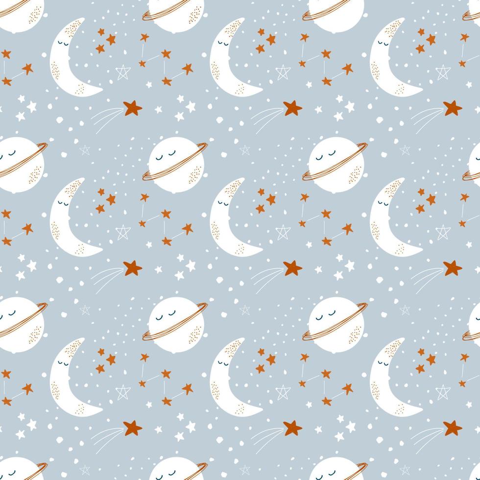Cute seamless pattern with moon, planet and stars. Cosmic theme. Vector illustration for kids textile, clothes, wallpaper.