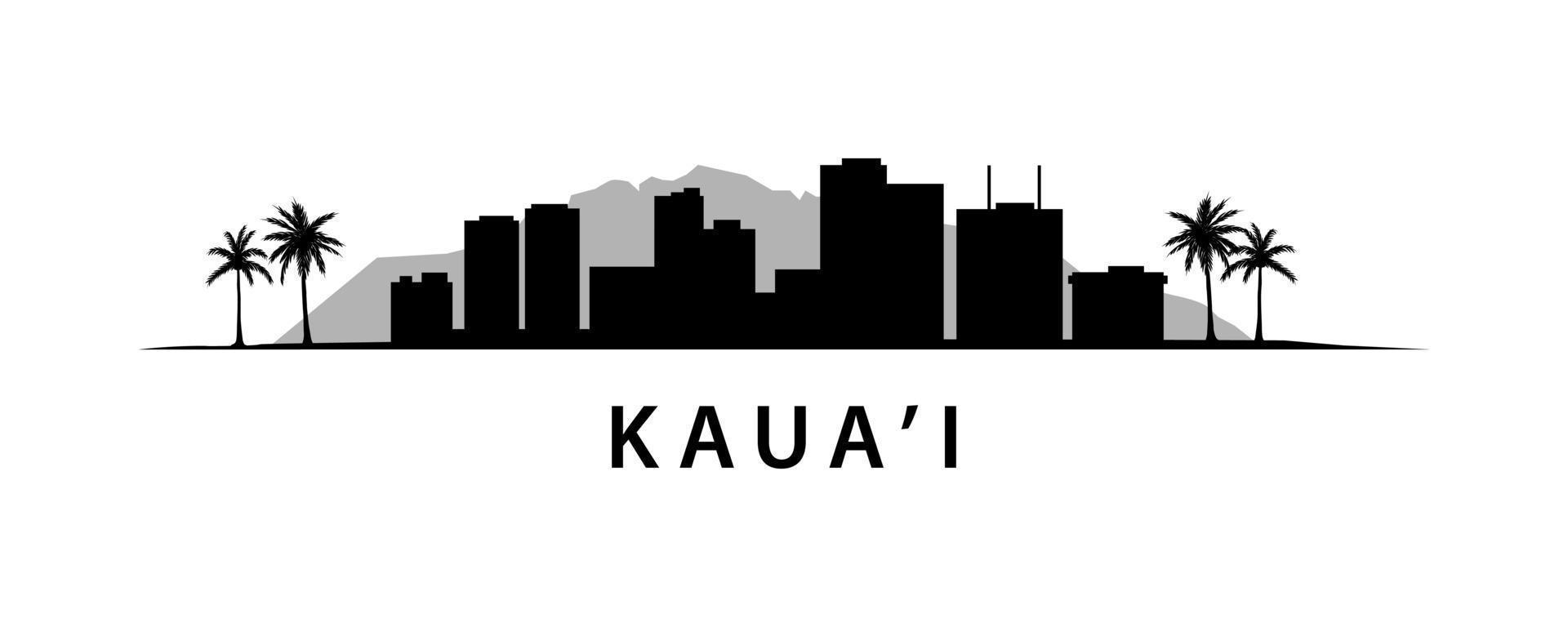 Kaua'i Island of Hawaii Skyline. American State of USA country. Exotic landscape graphic. Silhouette black and white design. Caribbean lands on Pacific Ocean. vector