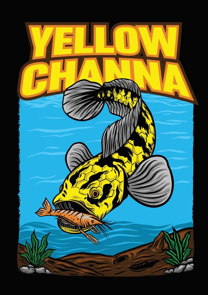 Yellow channa snake head predator animal fish wild life in water illustration vector