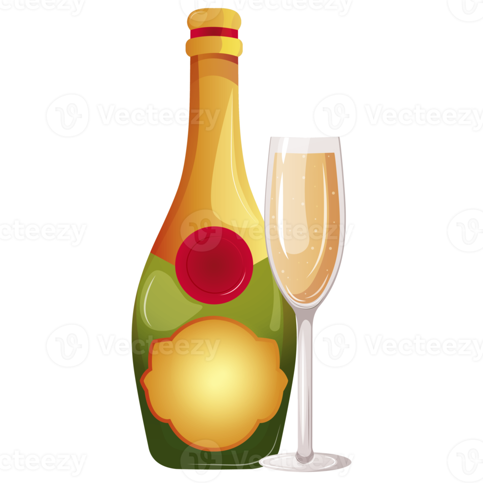 Glass and bottle of champagne, sparkling wine, prosecco illustration. Cartoon isolated elegant bottle with gold label and 2 glasses for Happy Birthday, Christmas and New Year greetings png