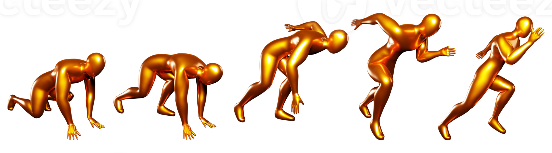 3d run bronze stickman figure. Body postures from start to run. With a slightly sideways view png