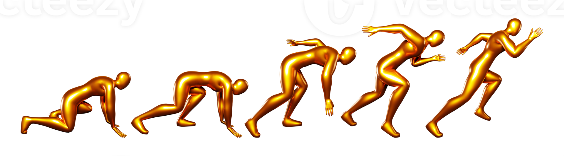 3d run bronze stickman figure. Body postures from start to run. png