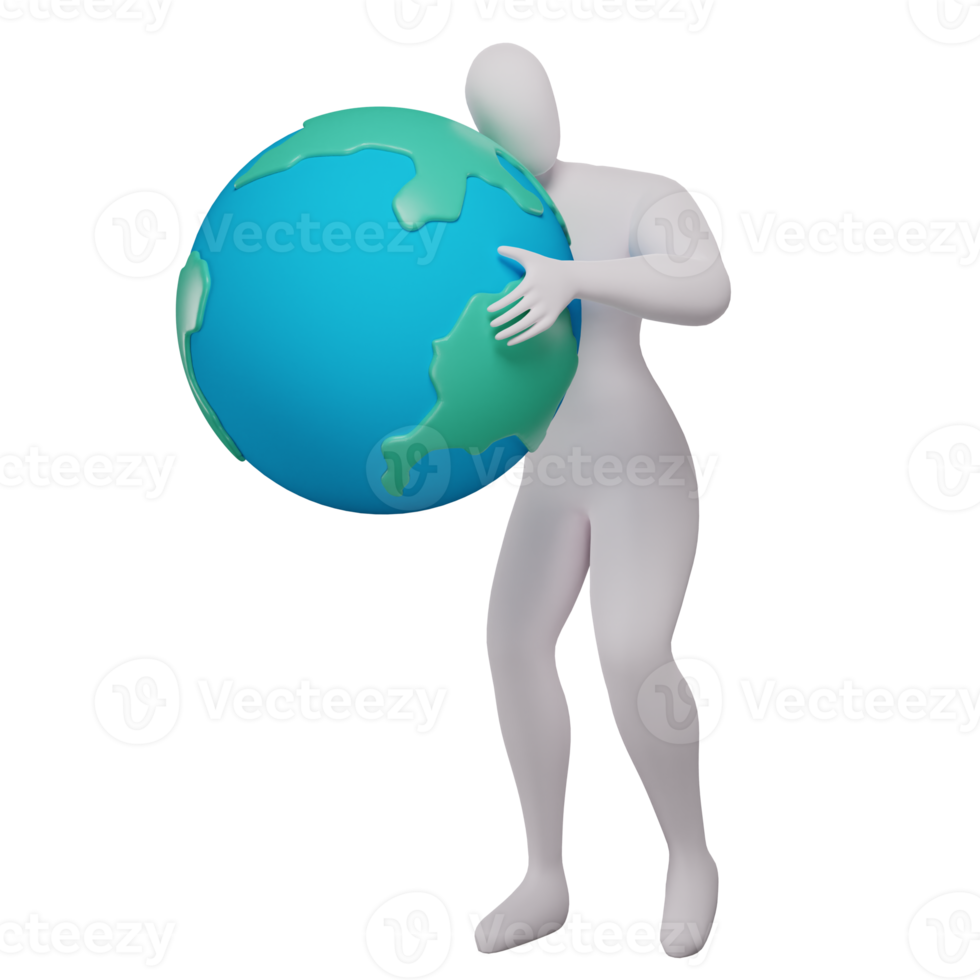 3d illustration of stickman hugging the earth. png