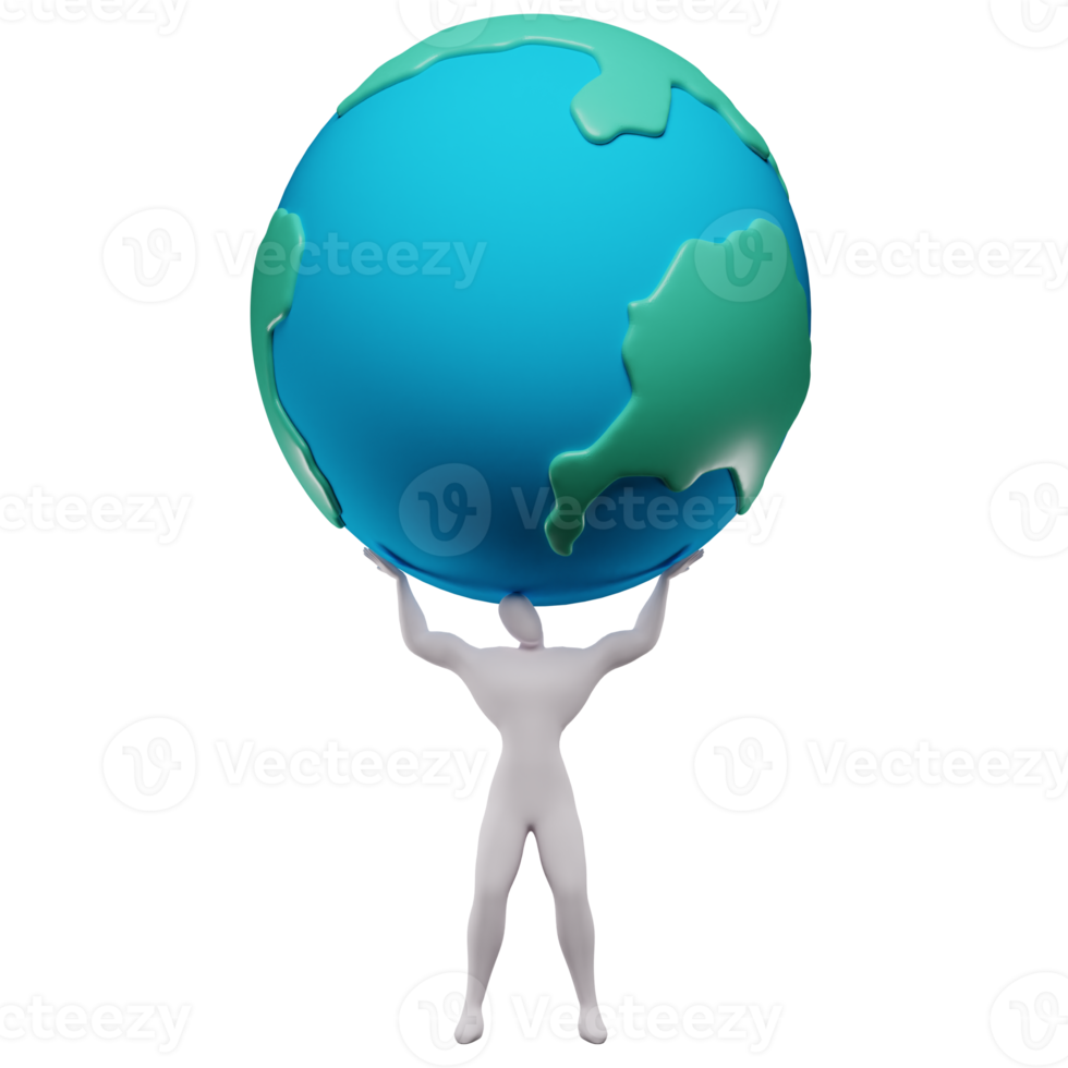 3d illustration of a stickman lifting the earth above his head with both hands. png