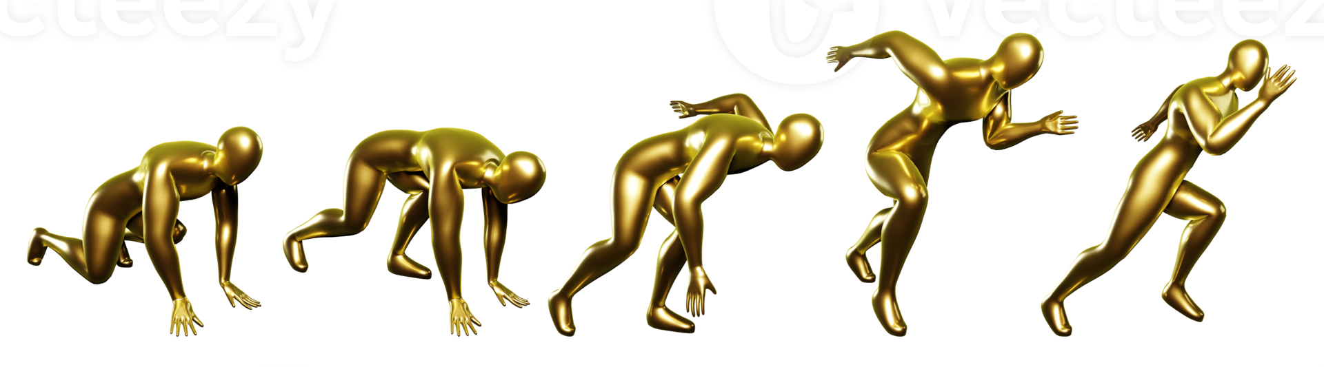 3d springa guld stickman figur. kropp hållningar från Start till springa. med en lite sidled se png