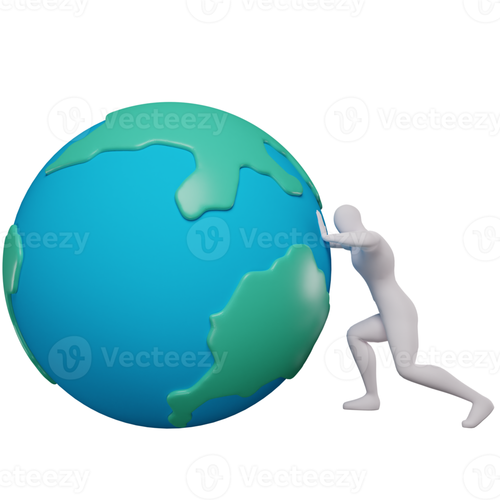 3d illustration of a stickman pushing the earth with both hands. png