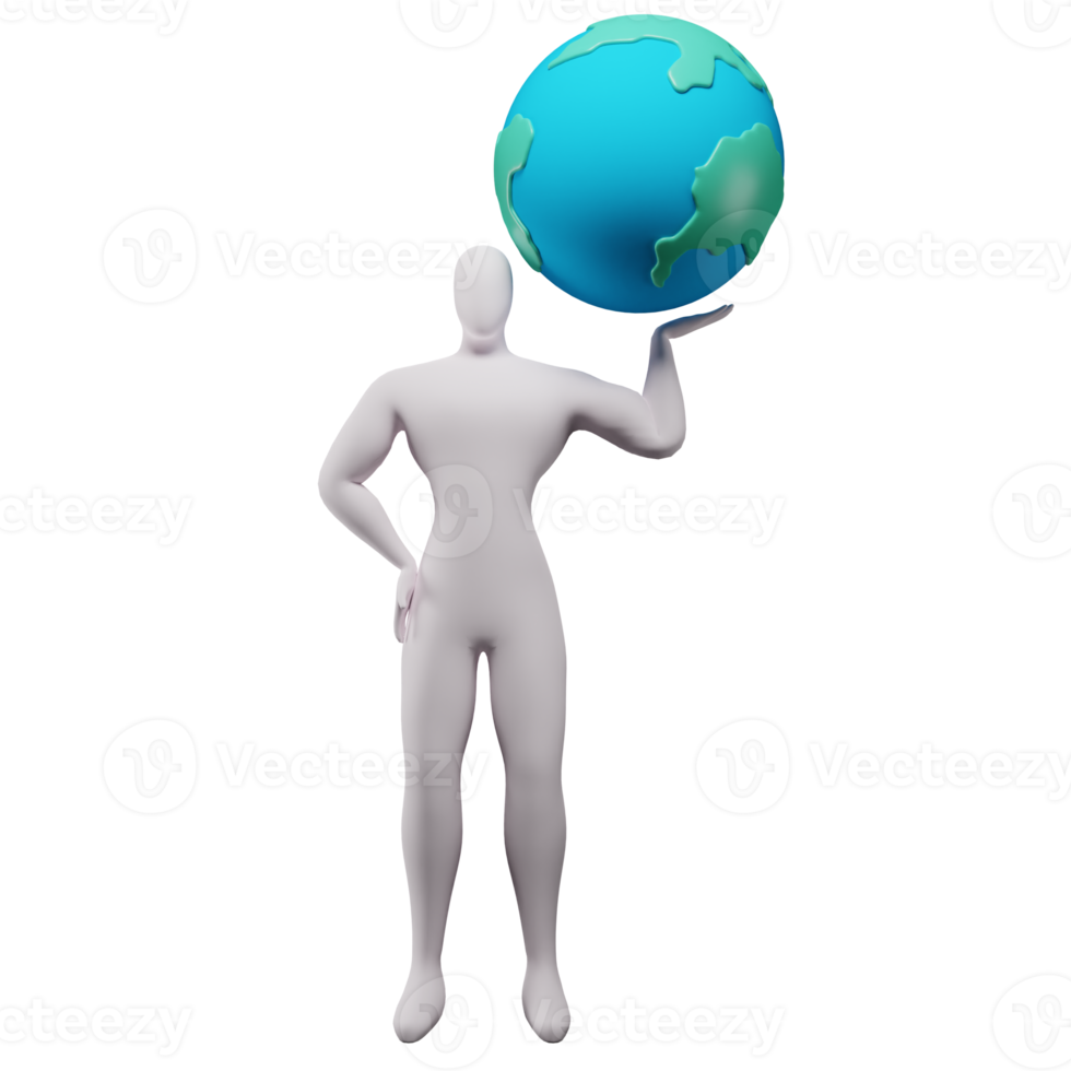 3d illustration of a stickman making the earth float with his left hand. png