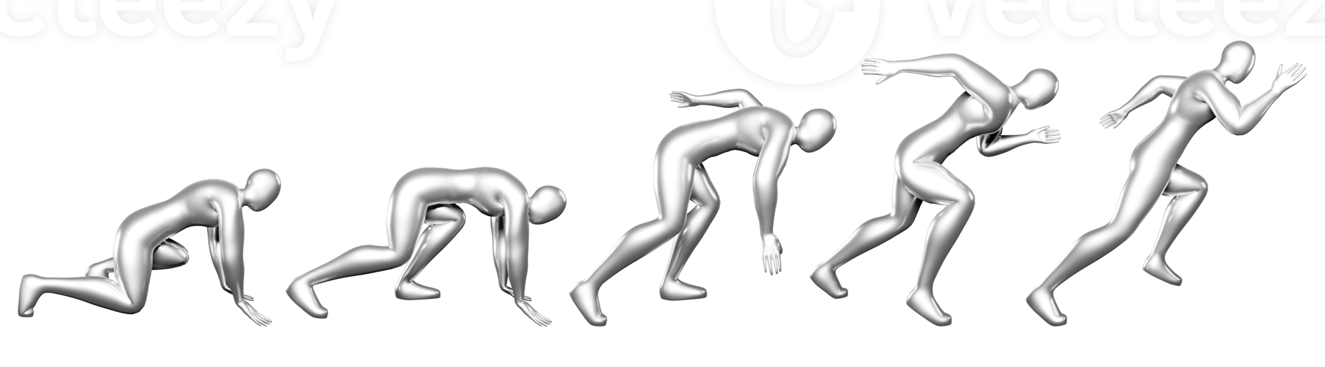 3d run silver stickman figure. Body postures from start to run. png