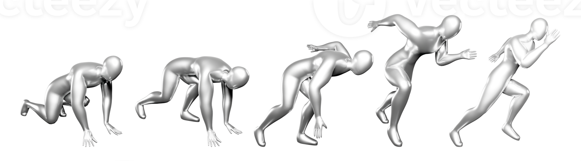 3d run silver stickman figure. Body postures from start to run. With a slightly sideways view png