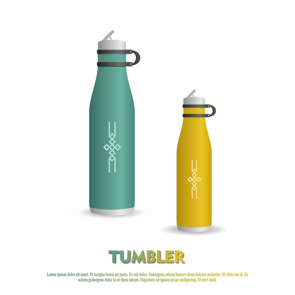 Tumbler mockup aluminum Bottle with green white yellow and black colors, realistic vector mockup water bottle
