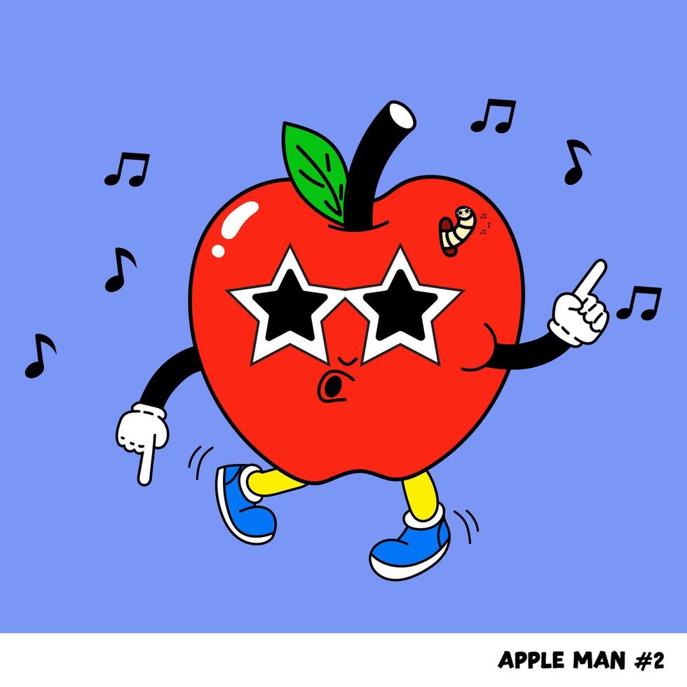 vector infantil aislado ilustración de bailando manzana, linda manzana dibujos animados caracteres aislado