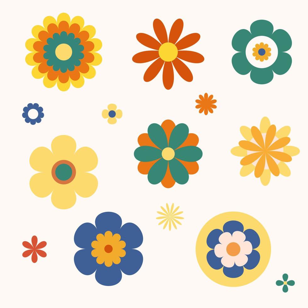 flor 70s elemento, retro flor colección diseño, maravilloso floral, colección de diferente flores en un hippie estilo vector