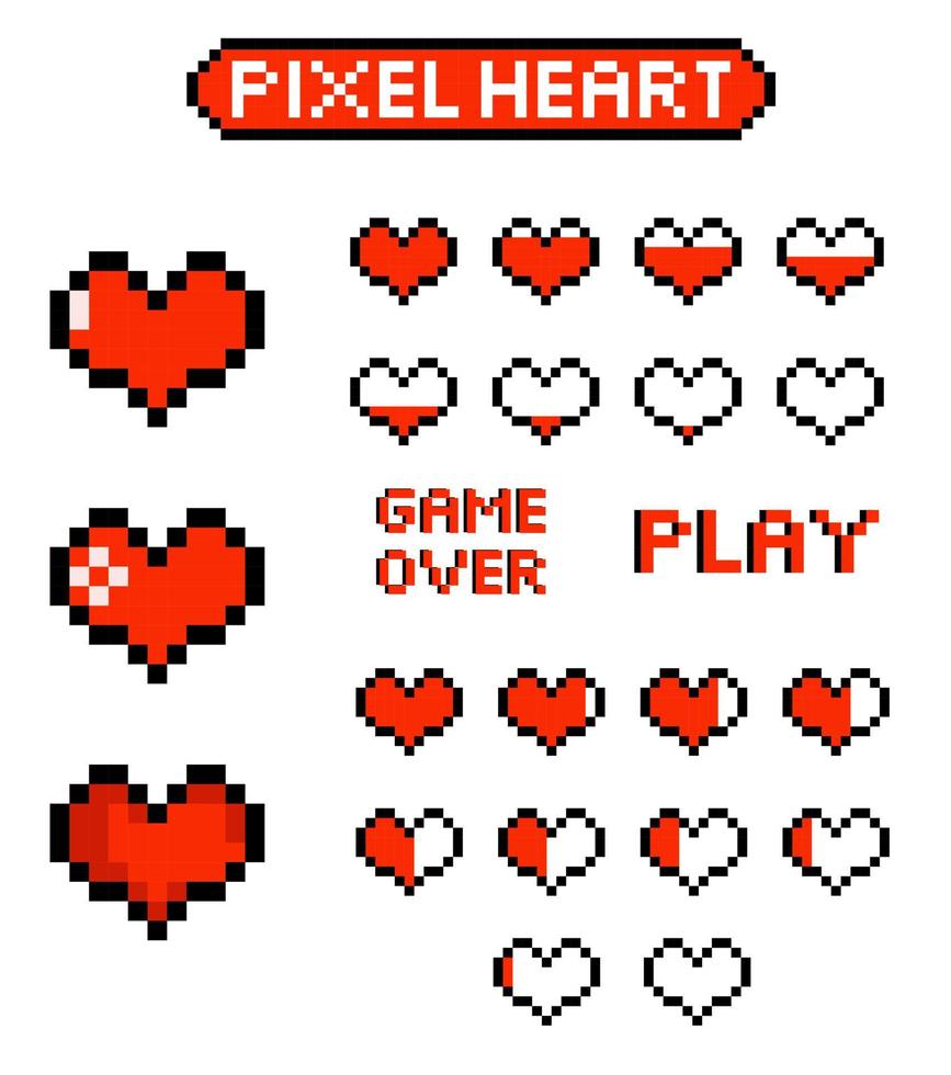 píxel corazón conjunto juego vida bar icono, 8 poco vector ilustración para computadora juego. web botón,