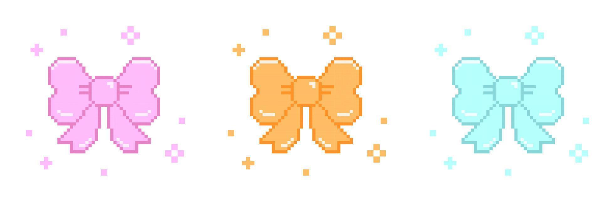 Ribbon in pixel art style, ribbon pixel art icon present bow with sparkle star pixel art vector