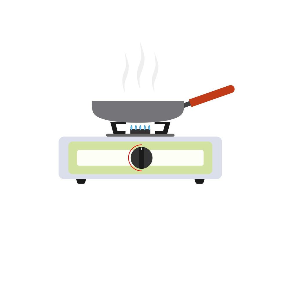 frying pan on gas stove flat design vector illustration isolated on white background. Vector illustration of kitchen utensils in cartoon simple flat style.