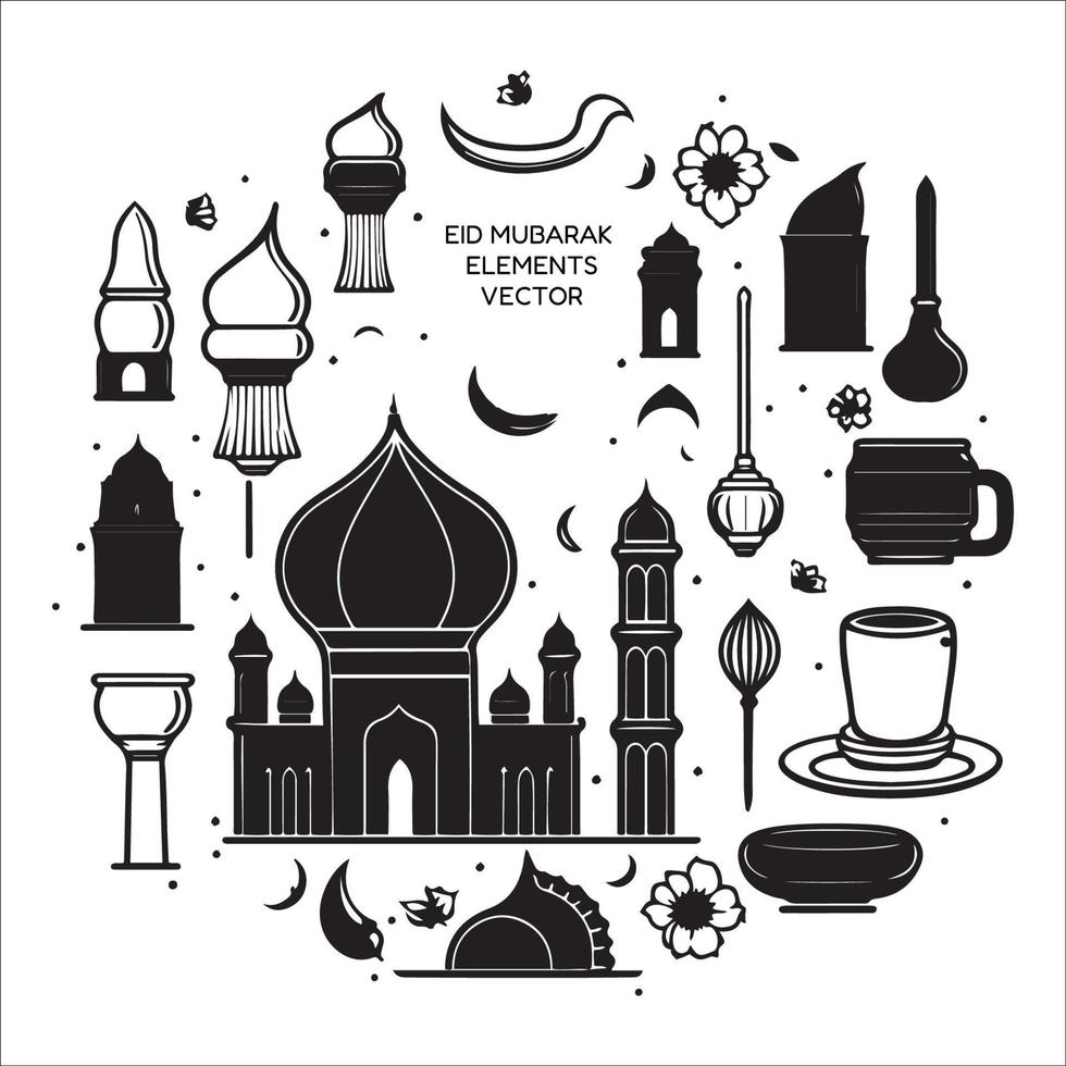 Set of eid mubarak, eid al fitr elements icons vector illustration isolated on white background