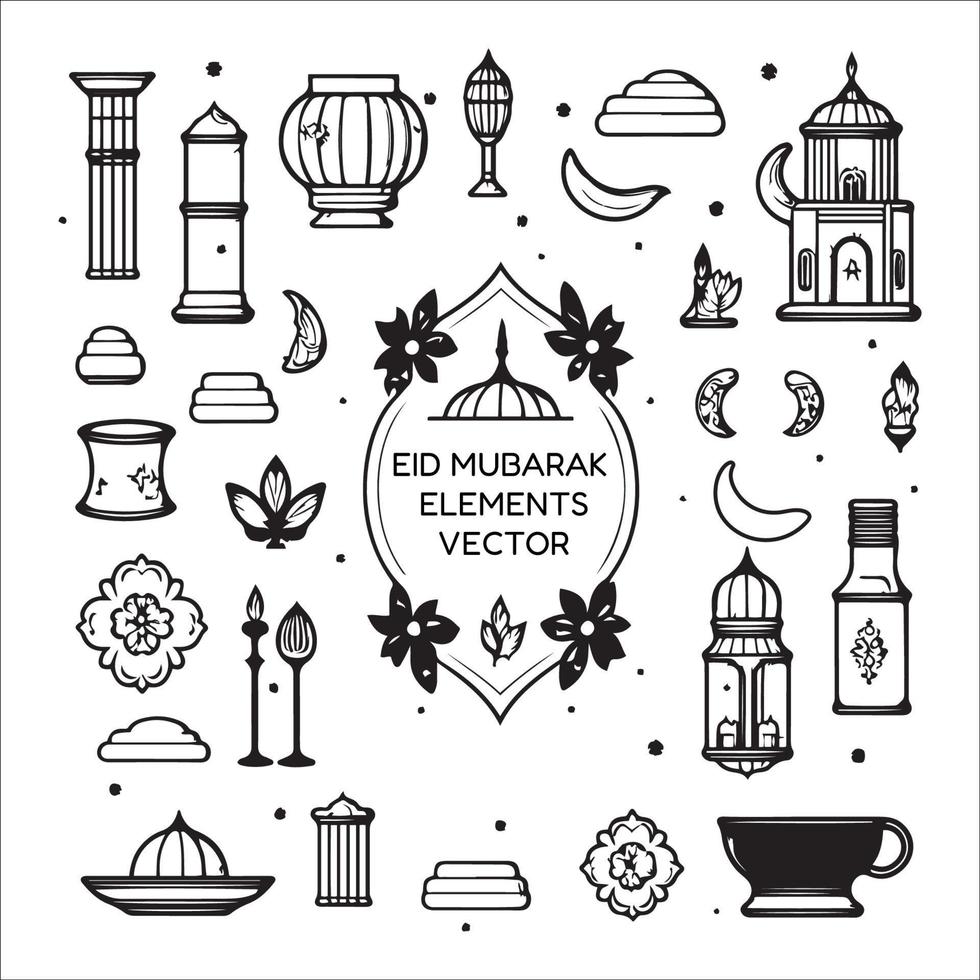 Set of eid mubarak, eid al fitr elements icons vector illustration isolated on white background