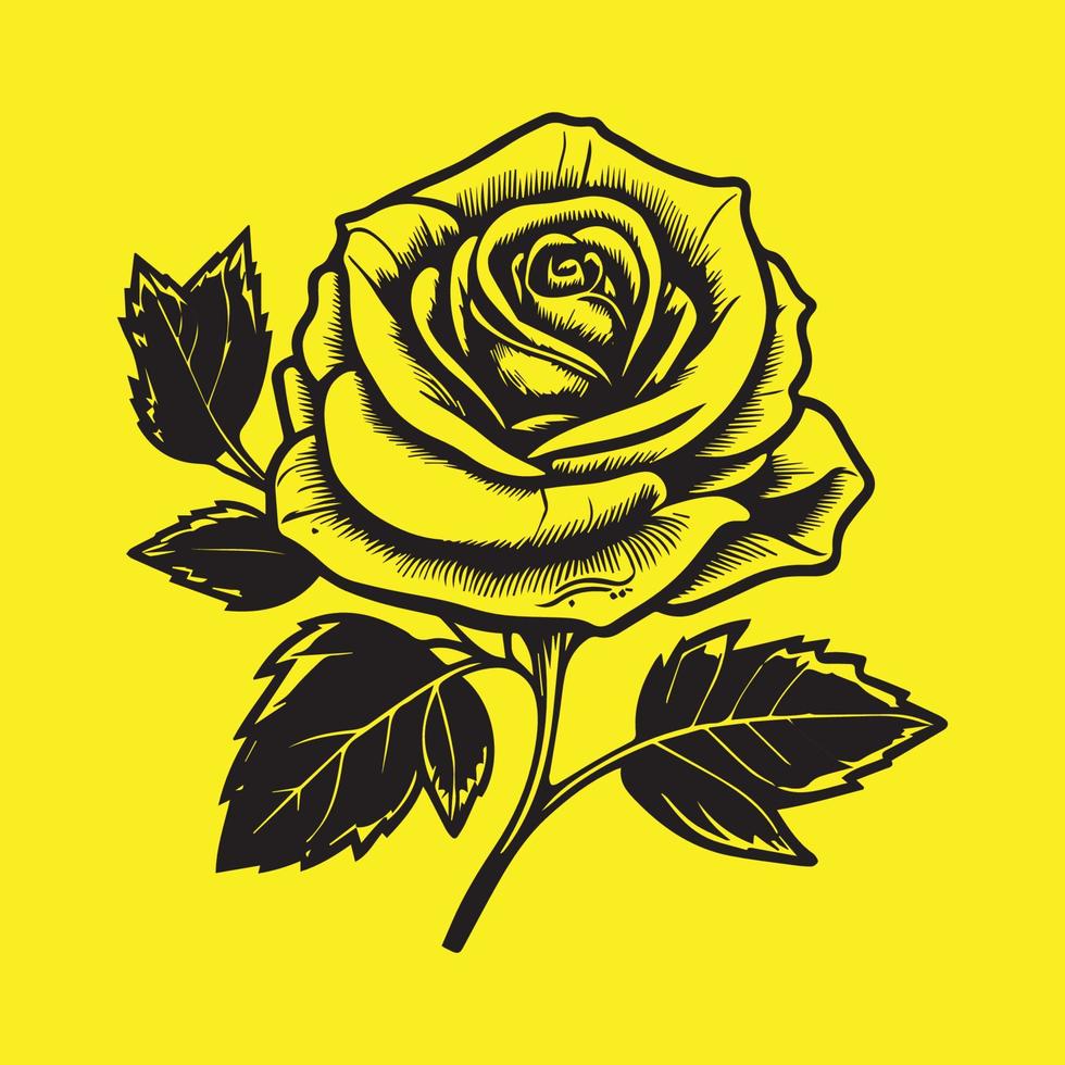 High Detailed Rose Flower Black Outline vector illustration isolated on yellow background, Rose hand drawing sketch.