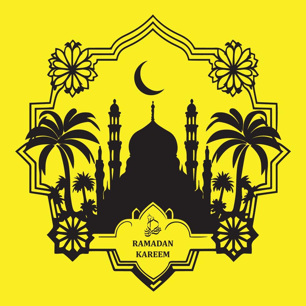 Ramadan Kareem, Ramadan Mubarak Islamic Greeting Card Element Design Black Outline Vector Isolated On Yellow Background.