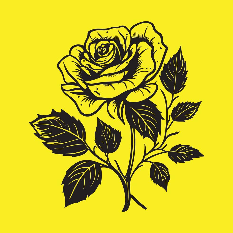 High Detailed Rose Flower Black Outline vector illustration isolated on yellow background, Rose hand drawing sketch.