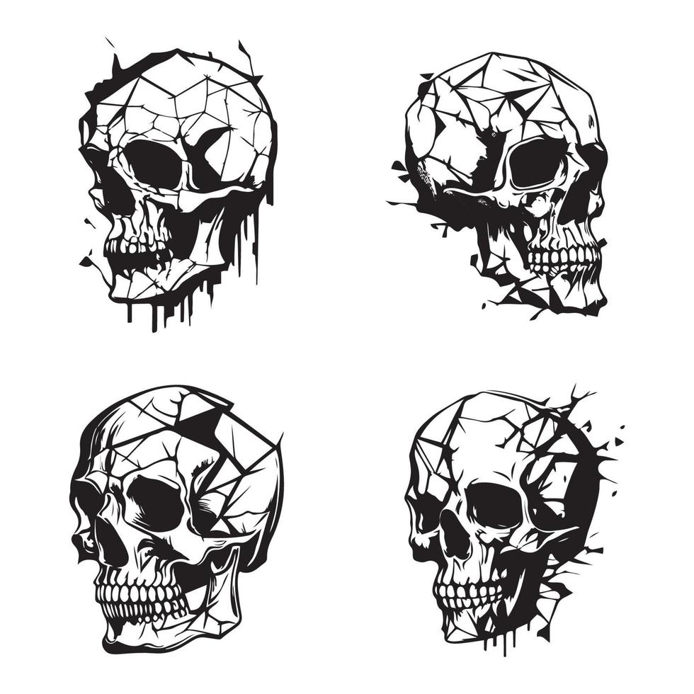 Human broken skull black outline hand drawing sketch vector set isolated on white background, skull tattoo vector, skull clipart