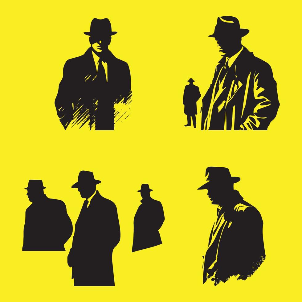 Mafia silhouette vector, Detective silhouette vector isolated on yellow background