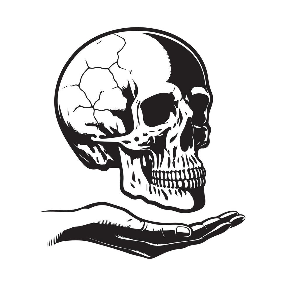 old broken Skull on hand vector black outline isolated on white