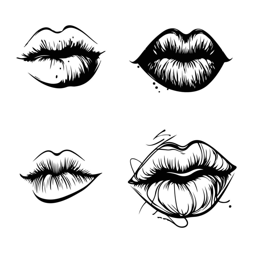 lips expression vector, kissing lips, lip kiss vector black outline isolated on white background